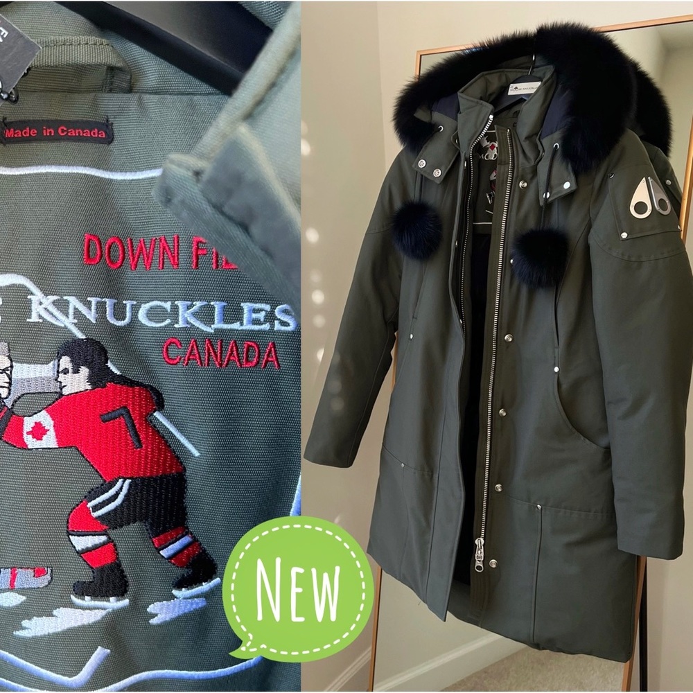 NEW🍉Moose Knuckles Stirling Down Jacket Parka Shearling Trim Green Black Pom - Picture 12 of 15